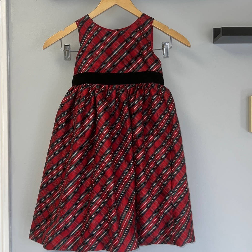 Red Plaid Girls Festive Dress Black Velvet Bow Sz 5